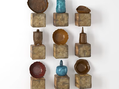 Vibrant Ceramic Wall Decor Pieces Arranged On Wooden Square Bases 3d model