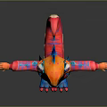 Vibrant Dinosaur Costume Worn by Person Standing With Arms Outstretched in Orange Blue Red