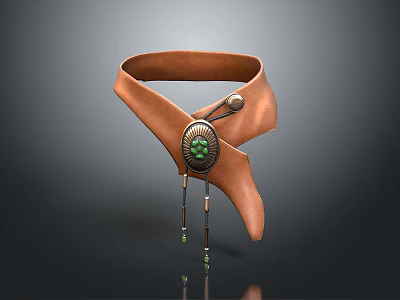 Brown Leather Choker With Green Stone Centerpiece And Decorative Tassels 3d model