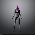 A woman with pink hair wearing black bikini standing against gray background