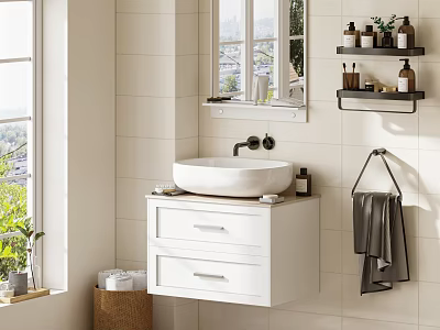 Contemporary Bathroom Featuring White Tiled Walls Window Wall Mounted Vanity Mirror And Open Shelves 3d model
