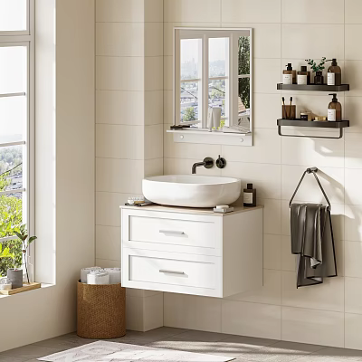 Contemporary Bathroom Featuring White Tiled Walls Window Wall Mounted Vanity Mirror And Open Shelves 3d model