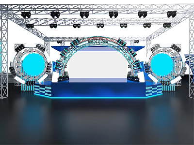 Modern Stage Setup With Metal Truss Blue Lighting And Circular Light Fixtures 3d model