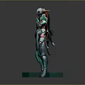 Two Sci Fi Characters Green Robot And Purple Pink Figure With Ringed Staff Standing