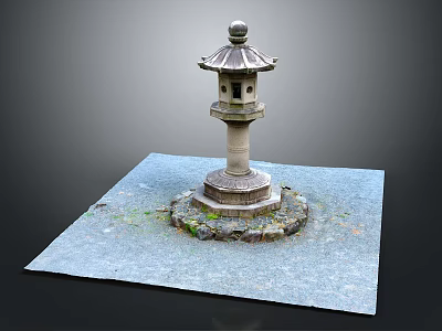 Japanese Stone Lantern Structure With Carved Pedestal And Surrounding Stones On Gray Ground 3d model