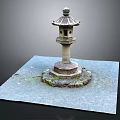 Japanese Stone Lantern Structure With Carved Pedestal And Surrounding Stones On Gray Ground