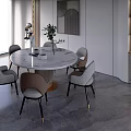 Round Dining Table with Marble Top Gray Brown Chairs Modern Interior Wall Art Shelf Decor 3d model