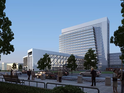 Modern Glass Curtain Wall Office Building in Urban Area with Trees Pedestrians and Cars 3d model