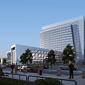 Modern Glass Curtain Wall Office Building in Urban Area with Trees Pedestrians and Cars