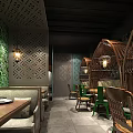 Restaurant Interior With Round Dining Table Colorful Chairs Chandelier Horse Painting And Green Decorative Wall