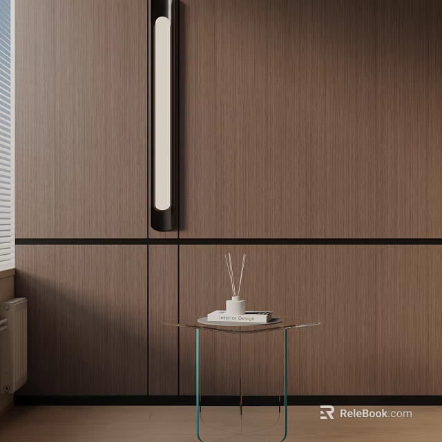 Modern Minimalist Side Table With Glass Top And Wooden Background Wall Design 3d model 