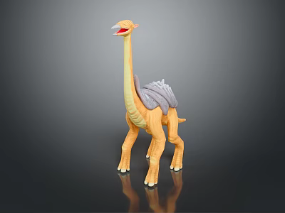Yellow Dinosaur Toy With Long Neck And Grey Back Standing On Black Background With Reflection 3d model