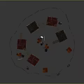 Circular Wooden Fence Enclosed Small Houses Tents Scattered Items And A Sign