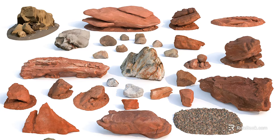 Natural Stone And Wood Pieces With Various Shapes Textures And Colors 3d model 