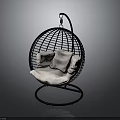 Black Rattan Spherical Hanging Chair With White Cushions And Circular Base