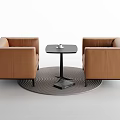 Stylish Brown Leather Armchairs With Black Coffee Table On Round Striped Rug For Living Room
