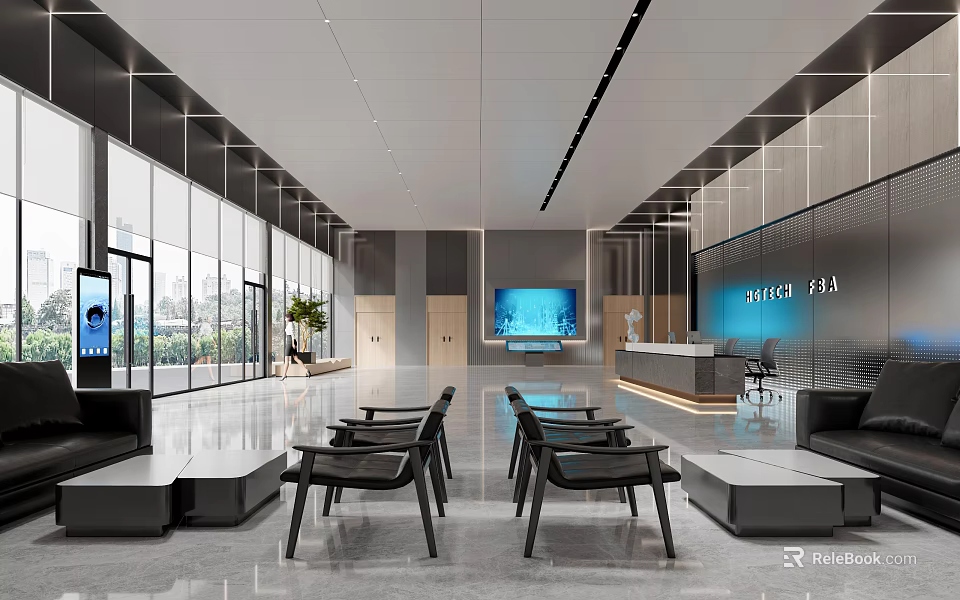 Bright Modern Spacious Office Reception Lobby With Comfortable Waiting Seats And Floor To Ceiling Windows 3d model 