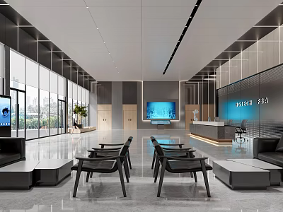 Bright Modern Spacious Office Reception Lobby With Comfortable Waiting Seats And Floor To Ceiling Windows 3d model