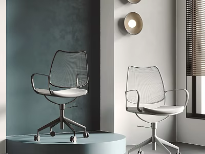 Modern Office Chairs with Mesh Backrest Armrests and Wheels in Minimalist Interior Design 3d model