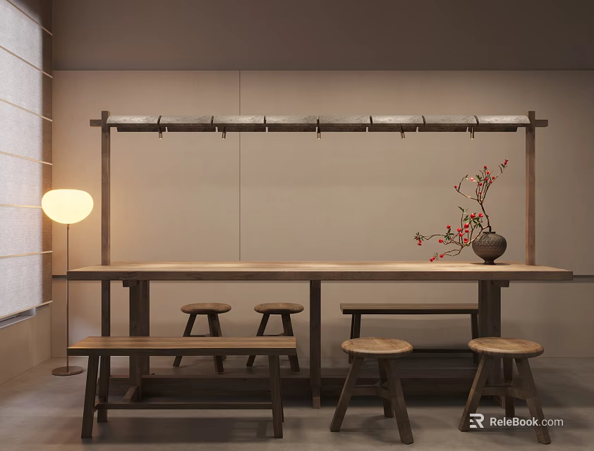 Wooden Dining Table with Stools Minimalist Wall Hanging Rack Floor Lamp Vase and Red Blossoms 3d model 