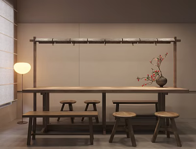 Wooden Dining Table with Stools Minimalist Wall Hanging Rack Floor Lamp Vase and Red Blossoms 3d model
