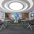 Modern School Classroom With Desks Chairs Large Screens And Circular Ceiling Design