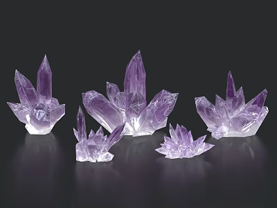 Purple Crystal Clusters On Natural Wooden Base Decorative Stone 3d model