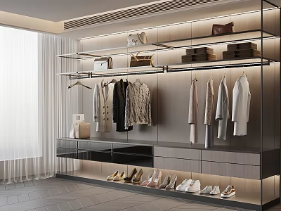 Stylish Hangers in Modern Walk in Closet with Hanging Clothes Shelves and Shoes 3d model