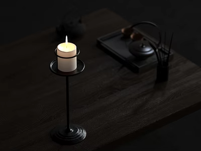 Black Metal Floor Lamp On Dark Wooden Table With Tea Set And Stationery Items 3d model