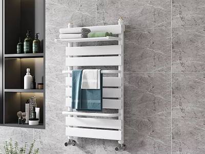 White Multi Tiered Bathroom Cabinet Rack With Towels And Marble Wall Design 3d model