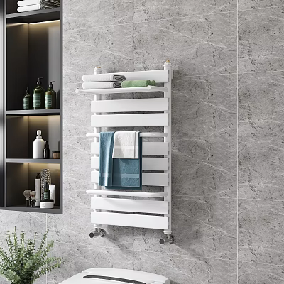 White Multi Tiered Bathroom Cabinet Rack With Towels And Marble Wall Design 3d model