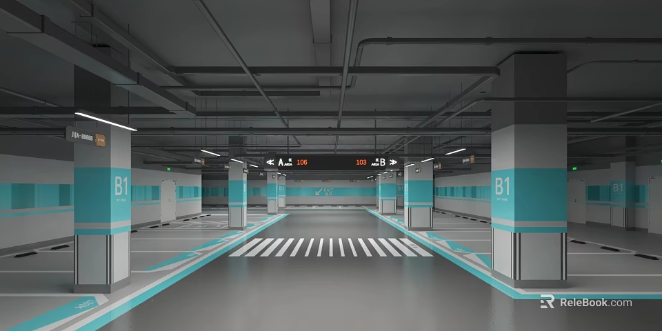 Underground Garage Interior With Directional Signs White Striped Lane And Blue Columns 3d model 