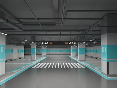 Underground Garage Interior With Directional Signs White Striped Lane And Blue Columns 3d model