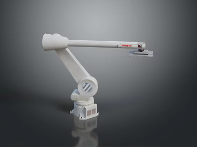 White Industrial Robotic Arm With Extended Arm And Base On Dark Background 3d model