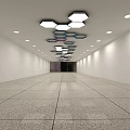 Modern Ceiling Design With Recessed Lights And Hanging Colorful Decorative Lights In Long Corridor