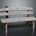 Outdoor Rustic Wooden Bench With Natural Wood Finish And Colorful Painted Letters For Garden Use