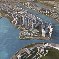 Aerial Urban Planning With High Rise Buildings Roads River And Coastal Green Spaces