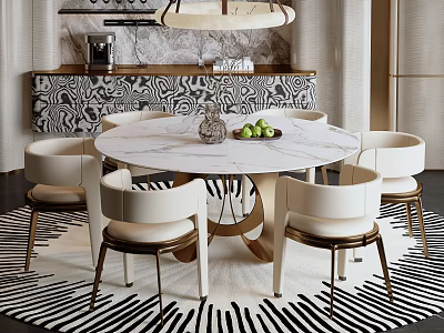 Round White Marble Dining Table And Chairs Set With Black And White Zebra Pattern Rug And Elegant Gold Legs 3d model