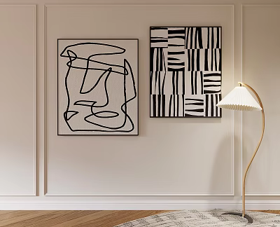 Abstract Paintings With Line Art And Geometric Patterns On White Wall Interior Design 3d model