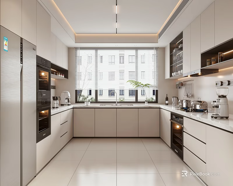 Modern Kitchen Interior Design With White Cabinets Stainless Steel Refrigerator And Appliances 3d model 