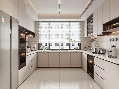 Modern Kitchen Interior Design With White Cabinets Stainless Steel Refrigerator And Appliances 3d model