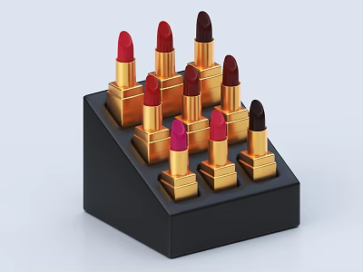 Elegant Decorative Ornament Set with Black Display Stand and Golden Case Lipsticks in Various Colors 3d model