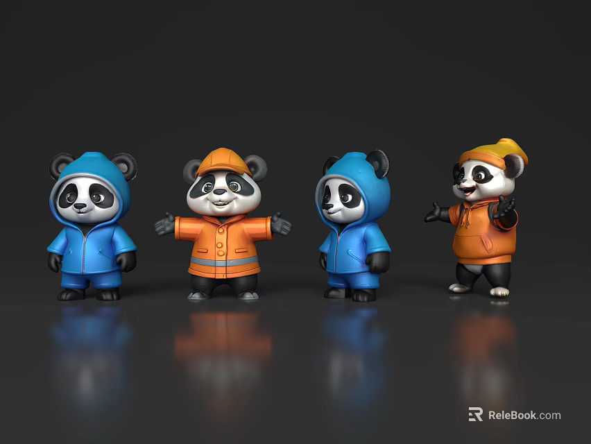 Cute Panda Dolls Wearing Blue And Orange Coats With Hats Standing On Gray Background 3d model 