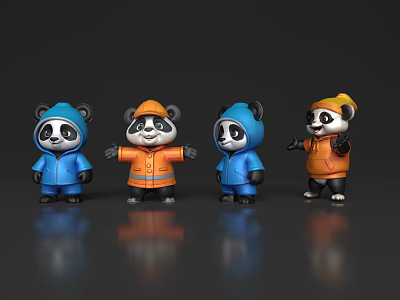 Cute Panda Dolls Wearing Blue And Orange Coats With Hats Standing On Gray Background 3d model