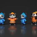 Cute Panda Dolls Wearing Blue And Orange Coats With Hats Standing On Gray Background