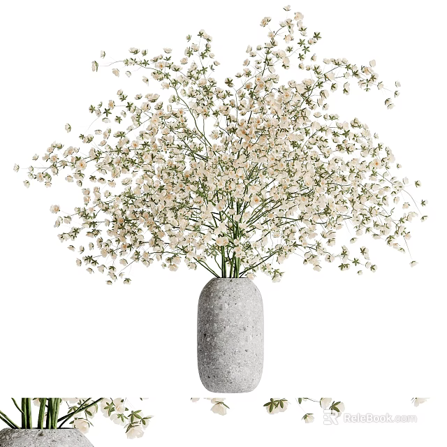 Gray Concrete Vase With White Baby's Breath Flowers And Small Abundant Blooms 3d model 