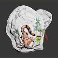 Fantasy Orange White Striped Character With Green Plants Red Ribbons On White Platform