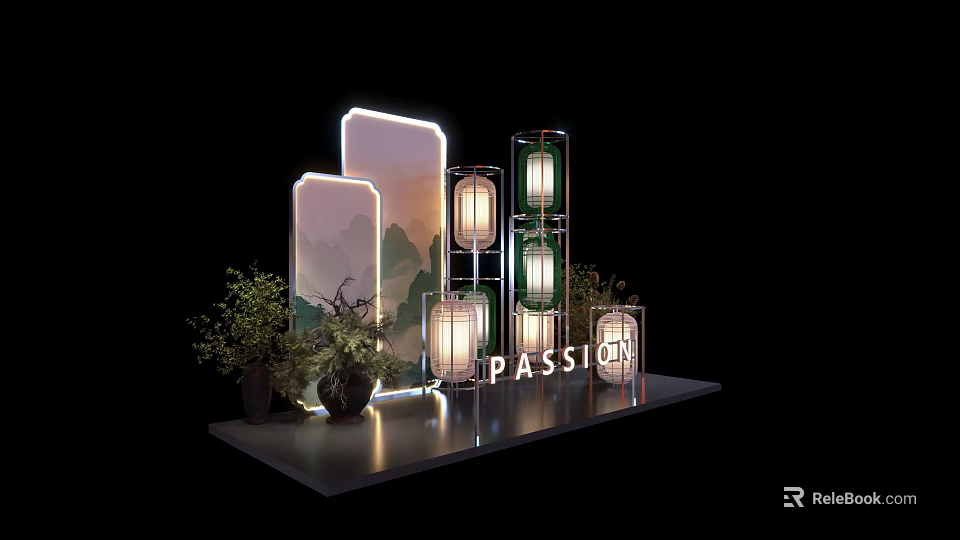 Photo Check In Spot with Glowing PASSION Sign Lanterns Green Plants Mountain Scene Lighted Panels 3d model 