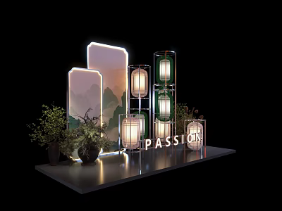 Photo Check In Spot with Glowing PASSION Sign Lanterns Green Plants Mountain Scene Lighted Panels 3d model