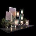 Photo Check In Spot with Glowing PASSION Sign Lanterns Green Plants Mountain Scene Lighted Panels